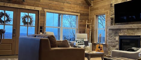 Smart TV, fireplace, books