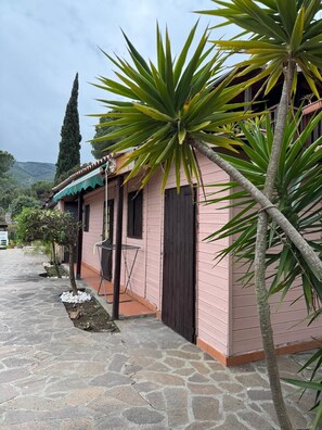 Un edificio rosa con techo de tejas, un patio empedrado en piedra y un árbol alto de hojas largas.