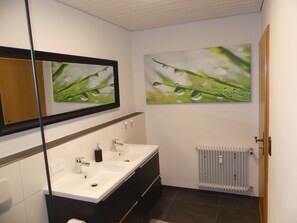 Douche, séchoir à cheveux, serviettes fournies, savon
