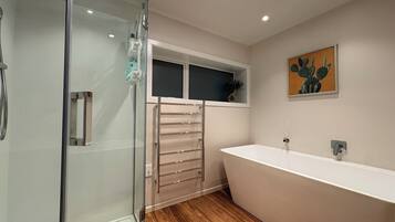 Hair dryer, towels, soap, shampoo