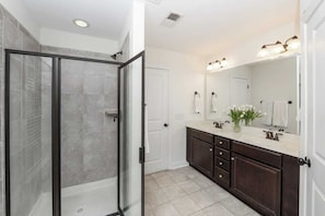 Hair dryer, towels, soap, toilet paper