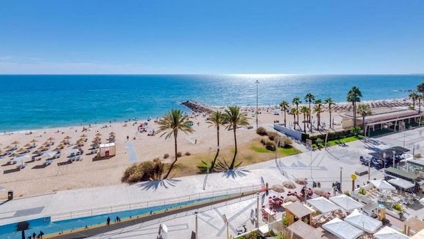 Un complejo turístico en la playa con piscina, tumbonas y palmeras.
