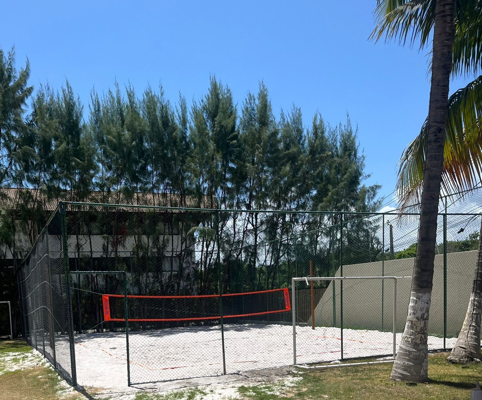Un área exterior cercada con una red de voleibol, rodeada de árboles y un edificio al fondo.