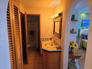 Hair dryer, towels, soap, toilet paper