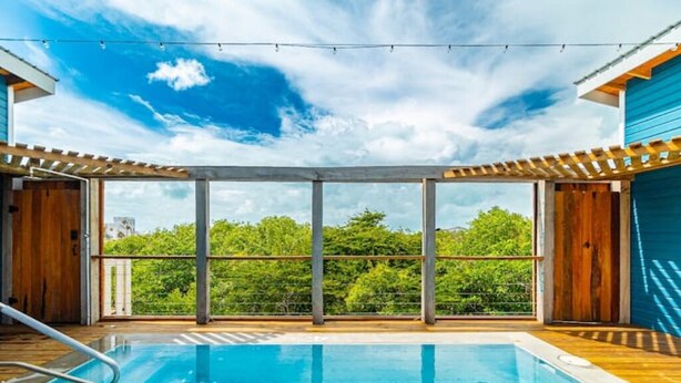 A rooftop pool with a clear view of the sky and greenery. - Loggerhead - 2BR House at Secret Beach (San Pedro)