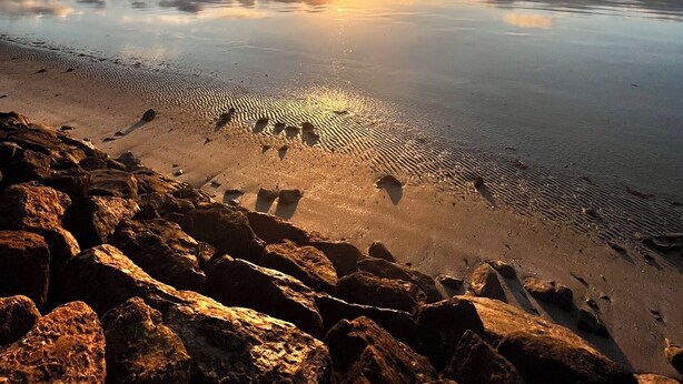 Una spiaggia con un mare calmo, cielo sereno e un tramonto.