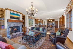 Smart TV, fireplace, books