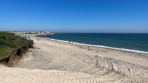 Une plage avec un ciel dégagé, une rive sablonneuse et quelques personnes qui se promènent.