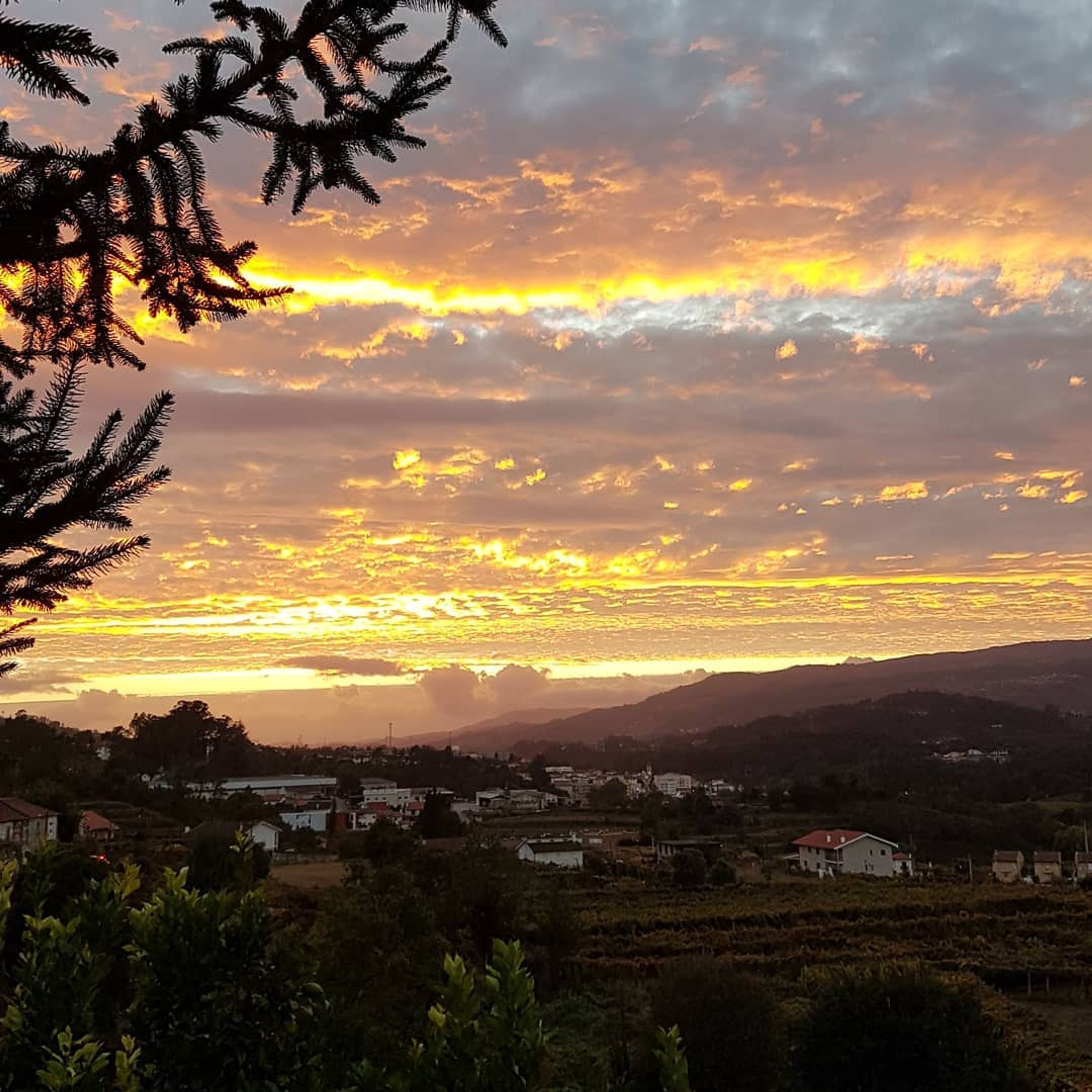 Un atardecer sobre una zona residencial con casas y montañas al fondo.