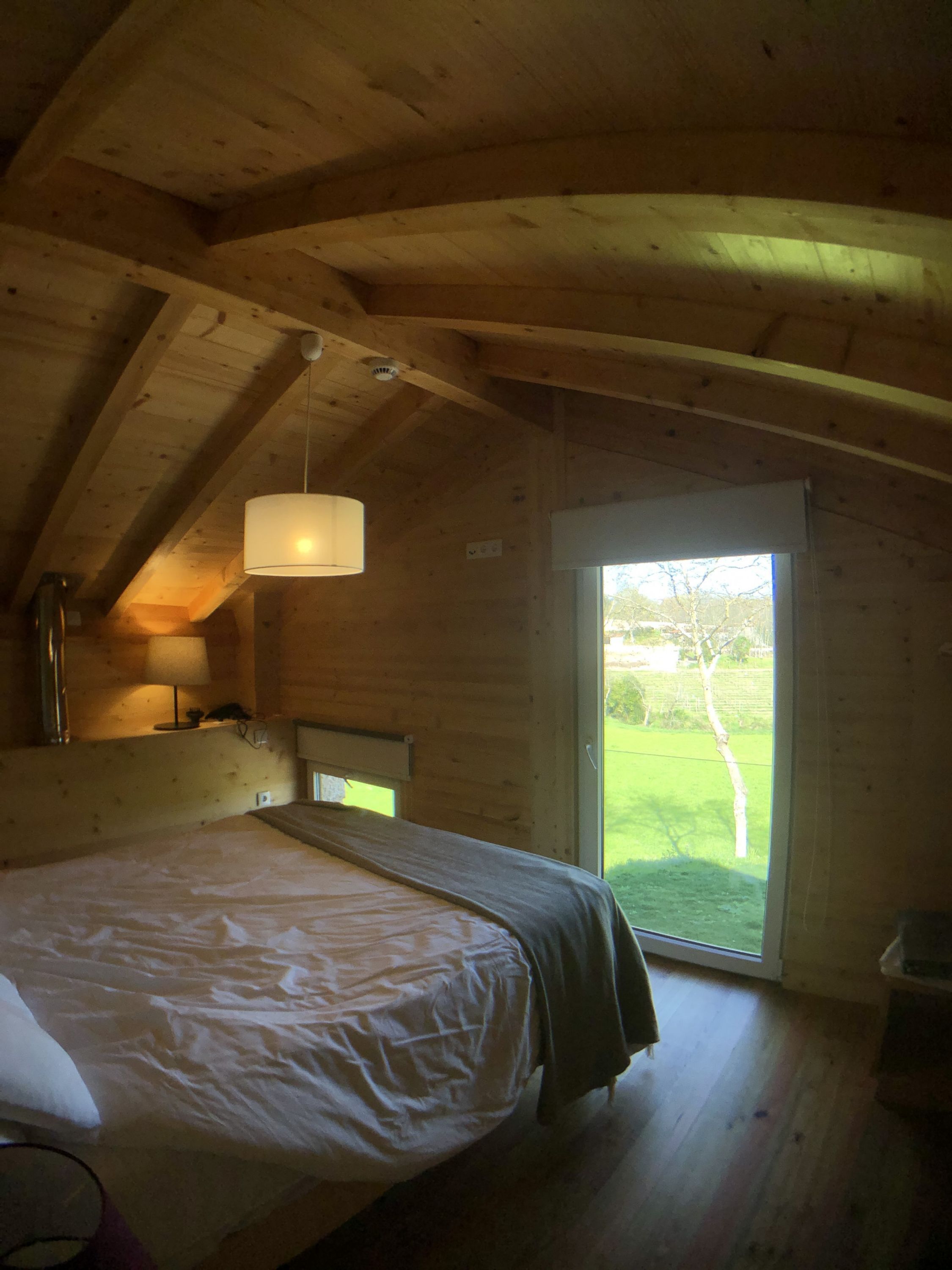 A bedroom with a bed, a bedside lamp, a window, and a view of the outdoors.