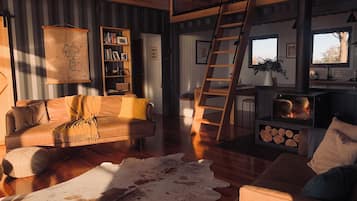 Smart TV, chimenea, libros y estéreo