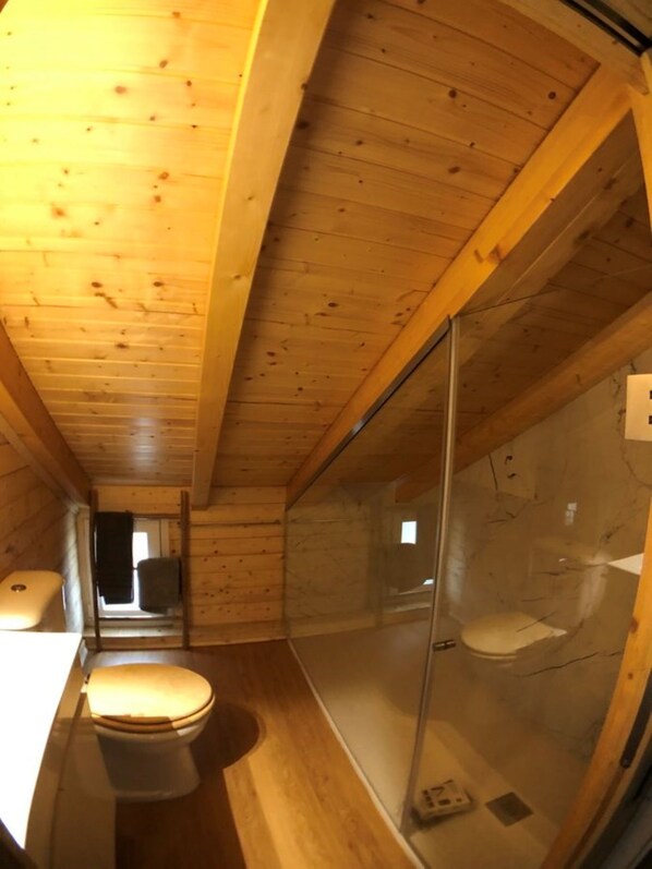 A wooden cabin interior with a wooden floor, a toilet, a sink, and a glass shower enclosure.