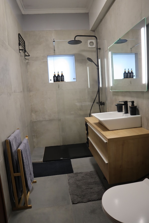 Shower, hair dryer, towels, soap