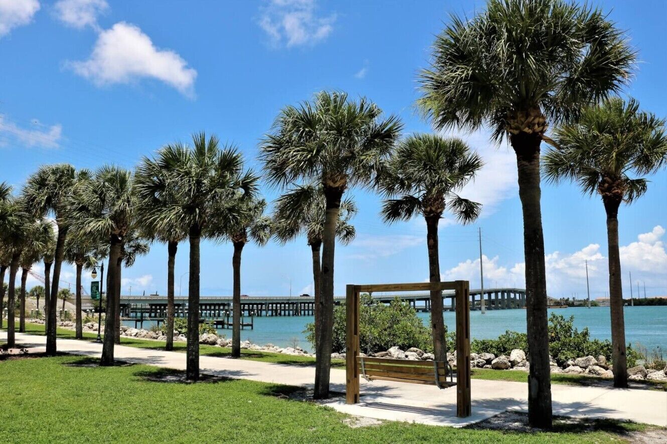 A coastal walkway lined with palm trees and a wooden pergola, leading to a pier with a bridge in the background.