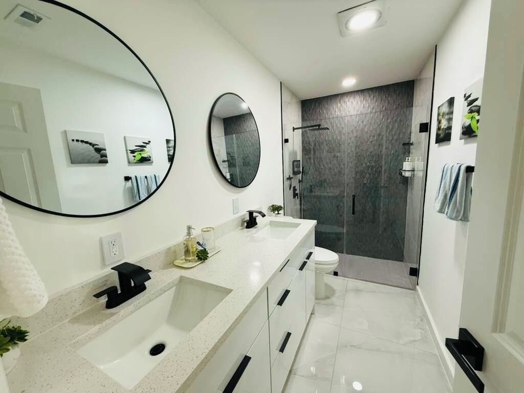Hair dryer, towels, soap, shampoo