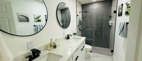 Hair dryer, towels, soap, shampoo