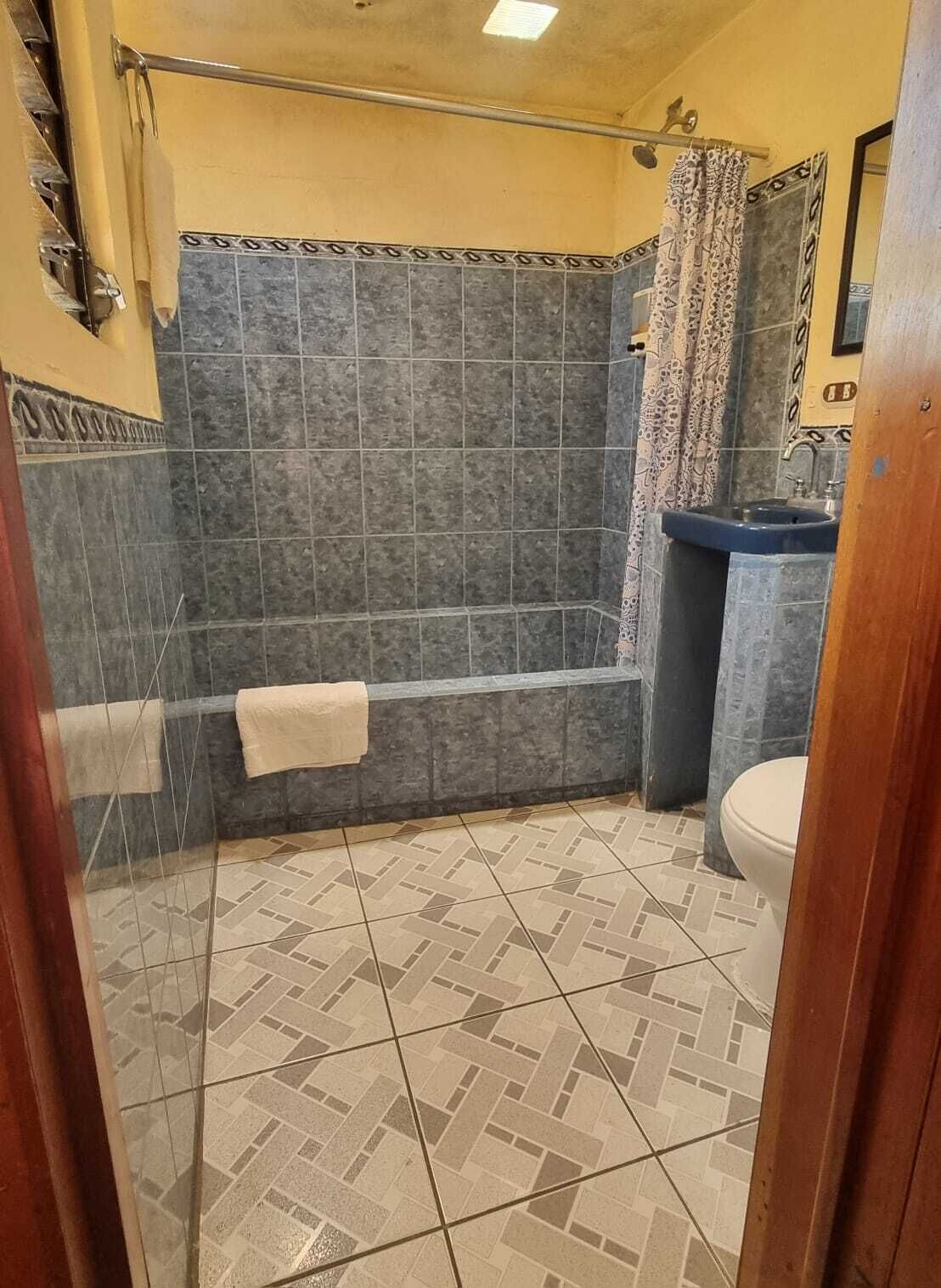 Un baño con ducha, lavamanos e inodoro.
