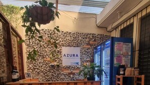 Zona de recepción con mostrador de madera, un letrero que dice "AZURA HOTEL", pared de piedra, planta colgante, refrigerador y suelo de baldosas.