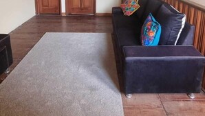 Una sala de estar con un sofá de color oscuro, una alfombra grande y dos puertas de madera.