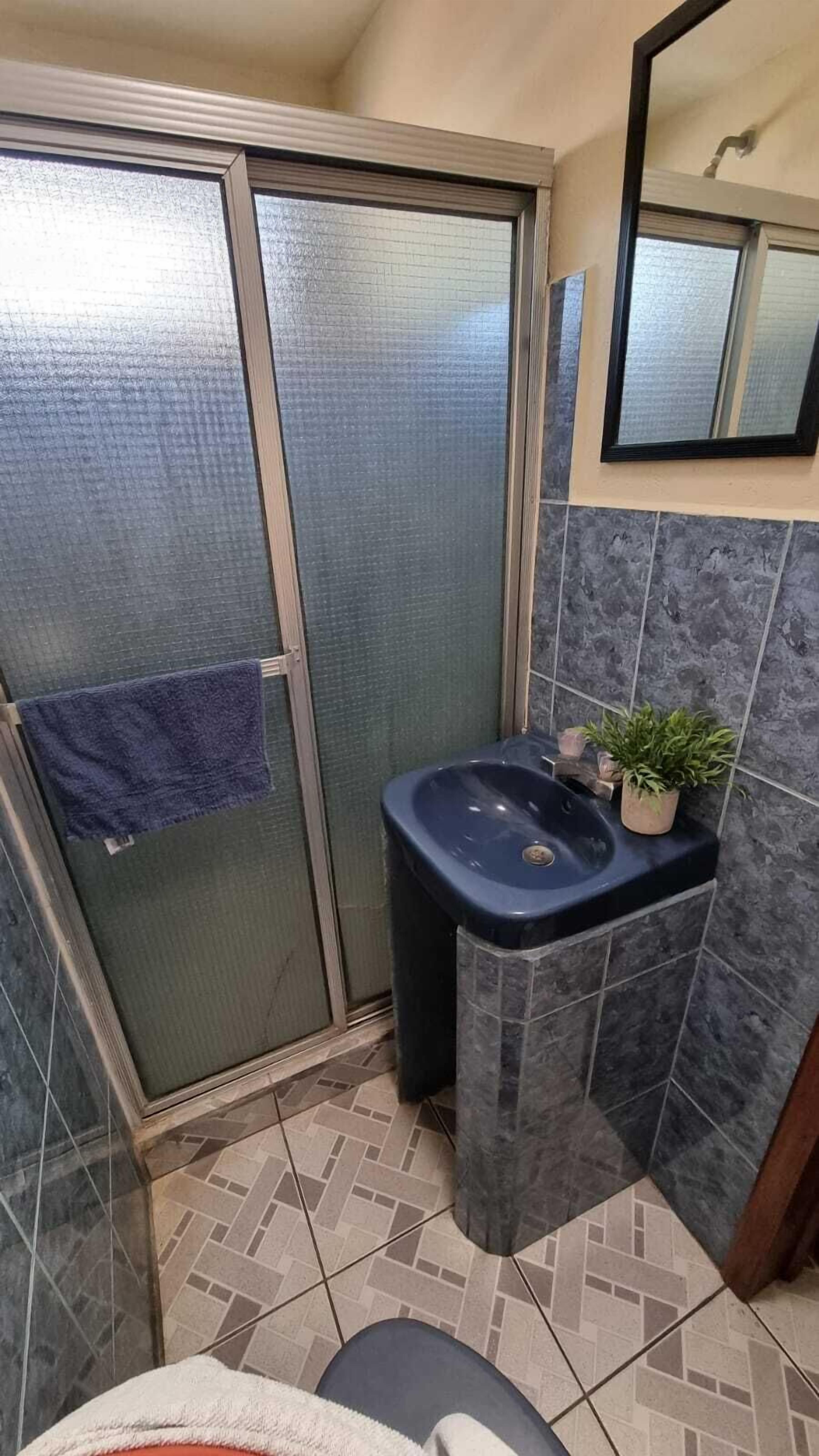 Un baño con ducha, lavamanos y espejo.