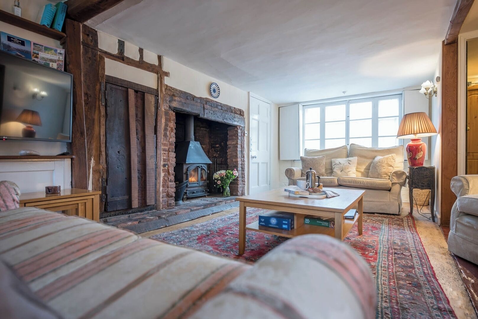 TV, fireplace, books