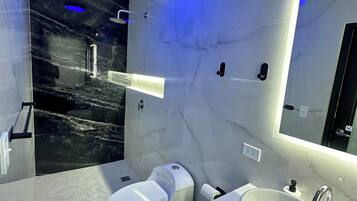 Hair dryer, towels, soap, toilet paper