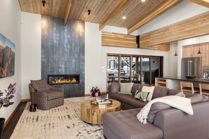 Televisión, chimenea y libros 