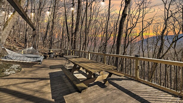 Una terraza de madera con mesas de picnic y una hamaca, con vista a un área boscosa de árboles sin hojas.