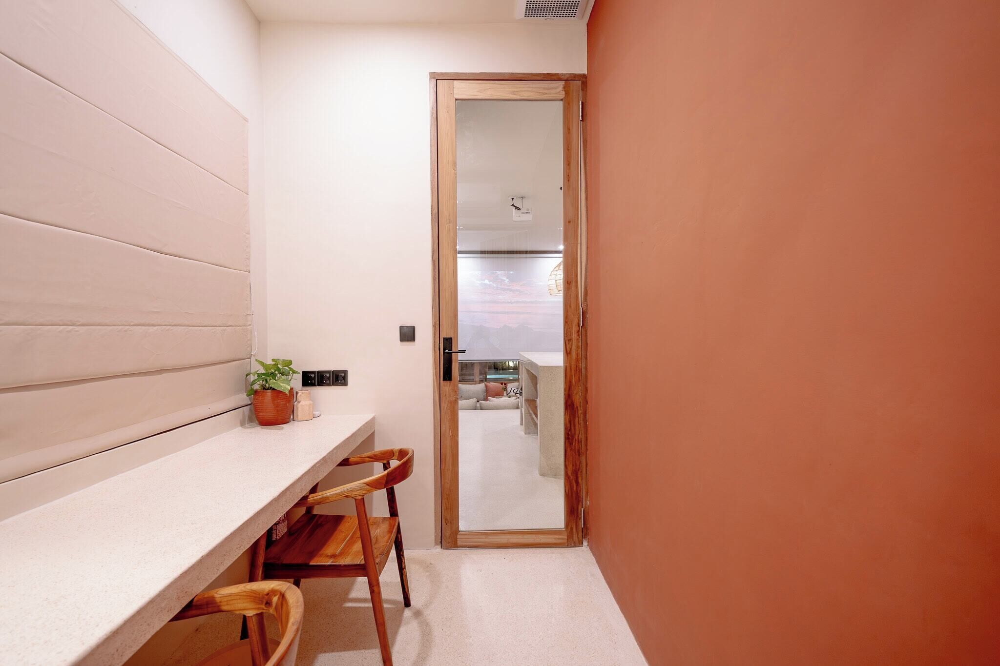 A narrow hallway with a wooden door leading to a living area. A white countertop with a potted plant and a chair is visible.