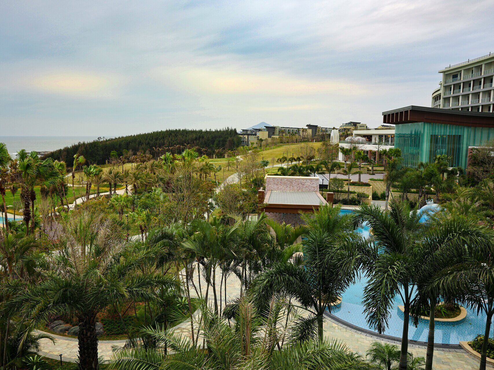 A resort with a pool, palm trees, and a view of the ocean.