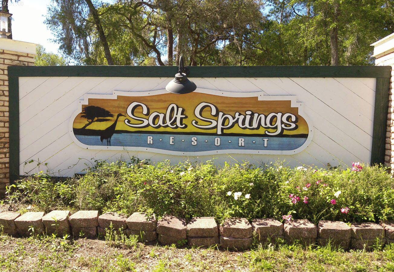A sign for Salt Springs Resort with a logo and the word 'RESORT' below it.