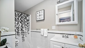 A bathroom with a shower curtain, a toilet, a sink, and a mirror. - Prima Boston North End 2brm (Boston)