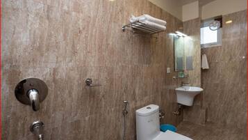 Shower, rainfall showerhead, eco-friendly toiletries, hair dryer