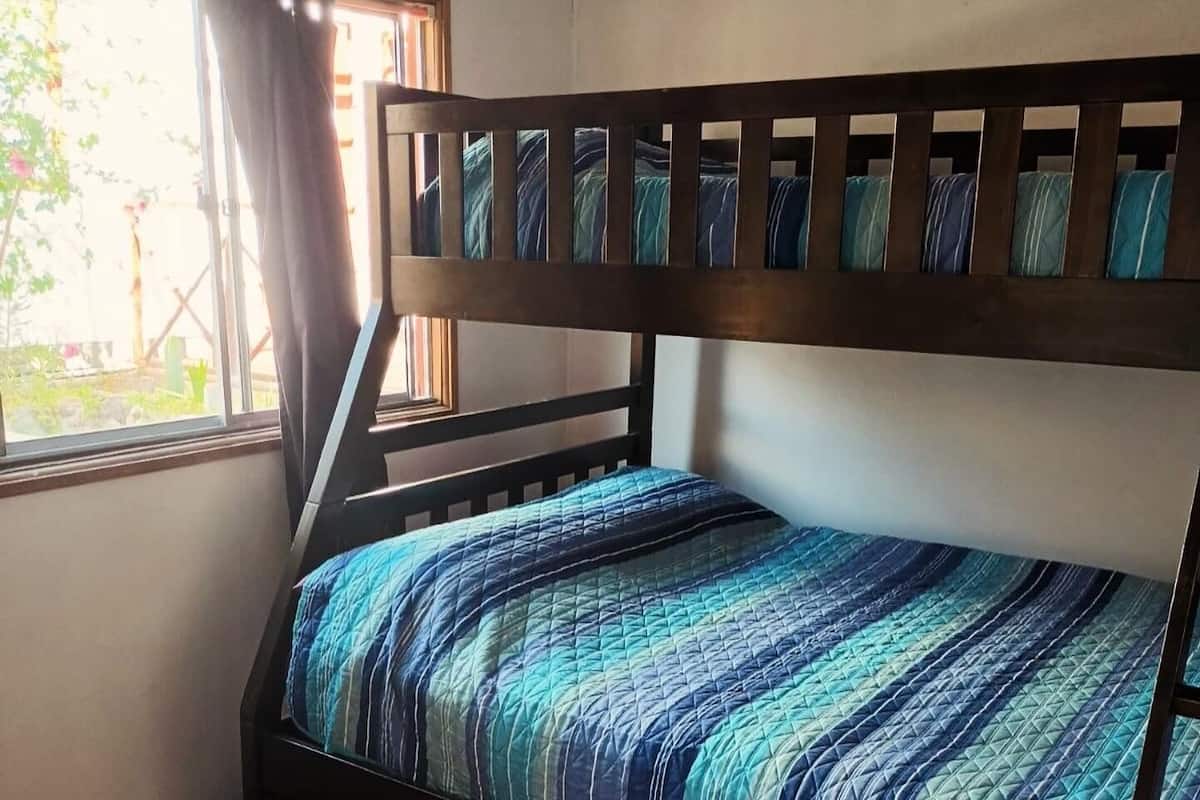A bunk bed with a striped blue and green bedspread in a room with wooden flooring and a window with curtains.