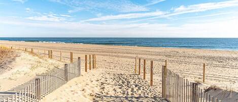 Une plage de sable bordée de clôtures en bois, sous un ciel bleu et dégagé.