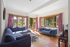 Télévision, cheminée, chaîne hi-fi