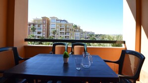 A balcony with a table, chairs, a potted plant, and a pitcher.