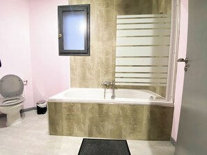 Shower, hair dryer, towels, toilet paper