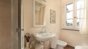 Een douche, een haardroger, een bidet, handdoeken