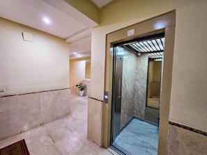 A hallway with a marble floor, a potted plant, and a door leading to a room with a marble wall and ceiling.