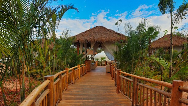 A wooden pathway leading to a thatched-roof structure surrounded by tropical vegetation. - Hotel Mundo Maya Nuevo Uxmal (Santa Elena)