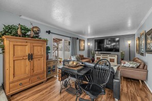 Smart TV, fireplace, books