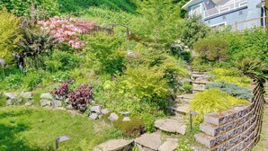 Un jardín exuberante con diversas plantas y un sendero de piedra que conduce a una casa de color azul con detalles blancos.