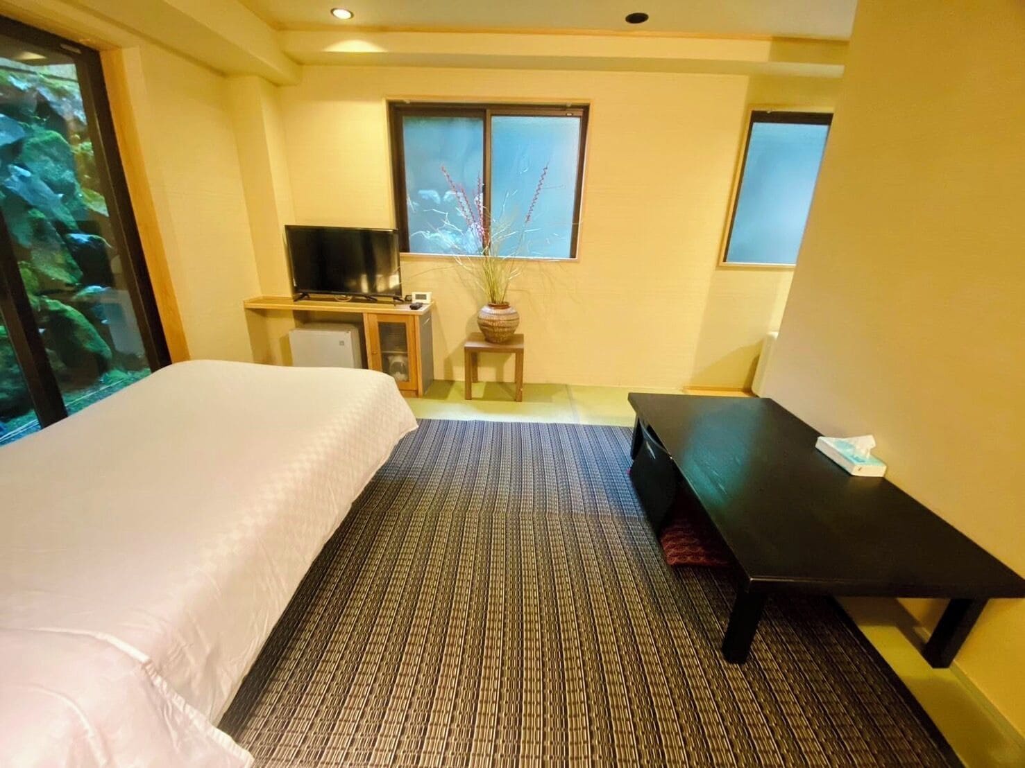 Ein Hotelzimmer mit einem großen Bett, einem Schreibtisch mit Computer, einem Fernseher und einem kleinen Tisch mit Pflanze.