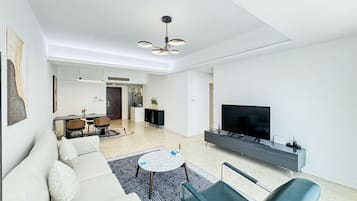 Luxury Apartment, 3 Bedrooms, Non Smoking, City View | Living room | 55-inch LED TV with cable channels