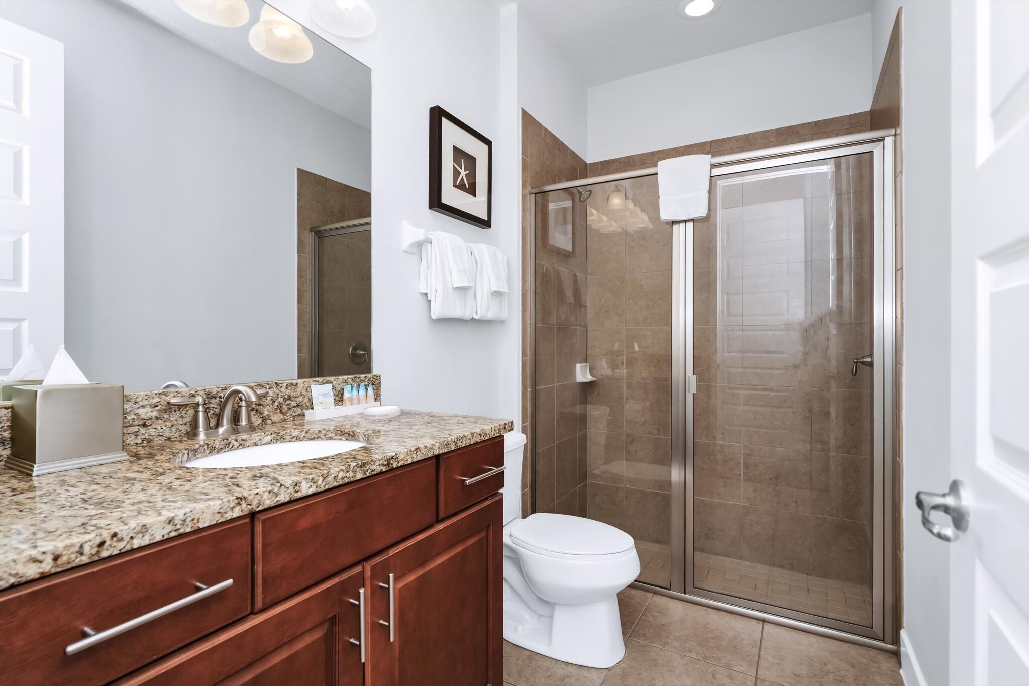 Un baño con encimera de granito, lavabo blanco, inodoro y ducha con mampara de vidrio.