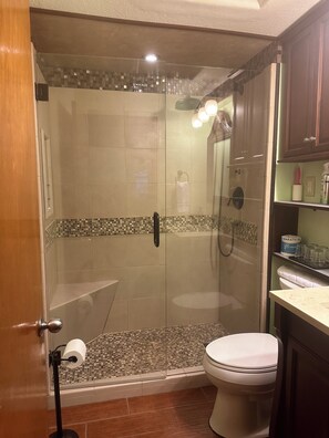 Shower, hair dryer, towels, soap