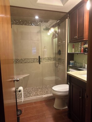 Shower, hair dryer, towels, soap