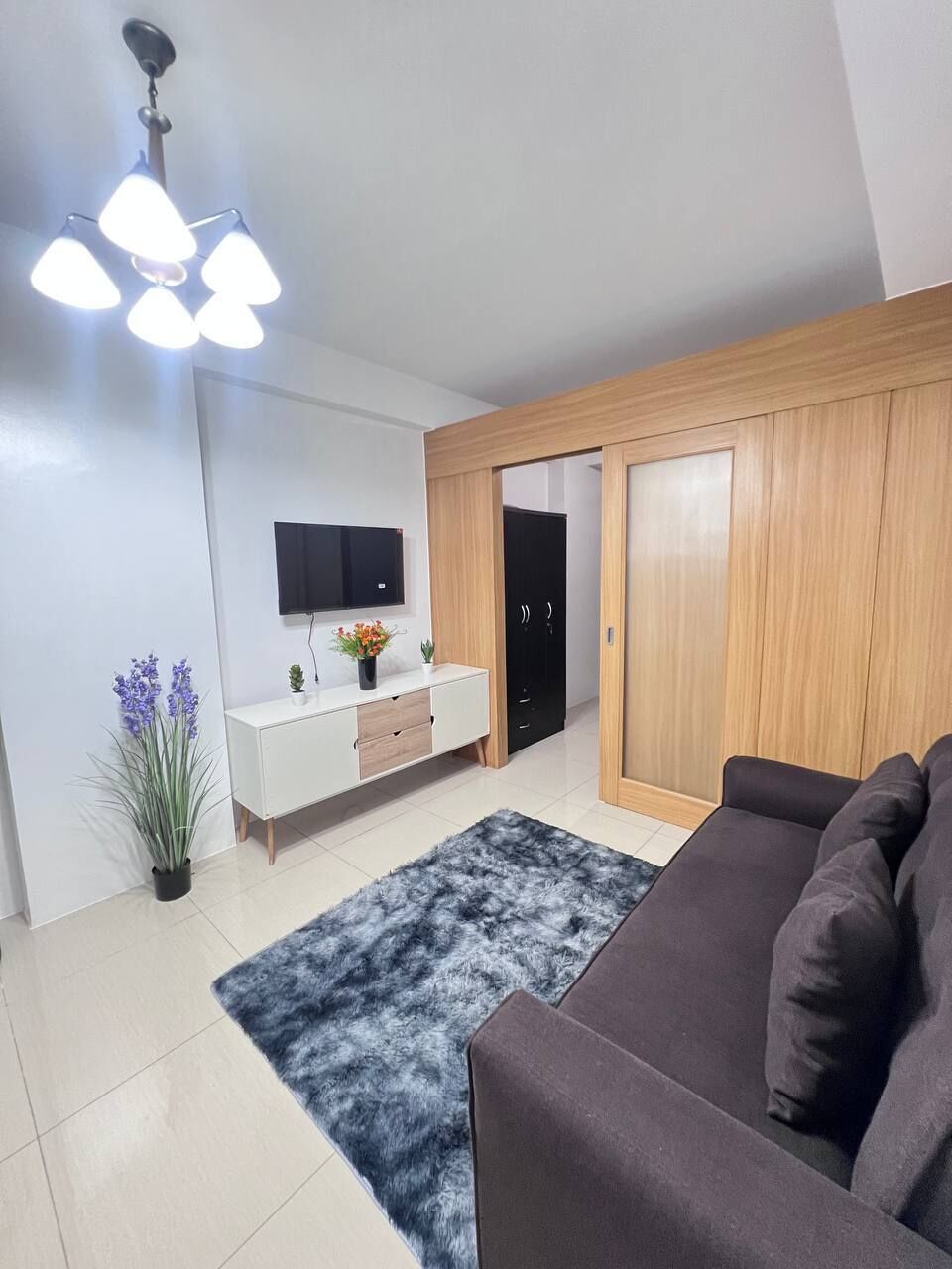 Ein modernes Wohnzimmer mit Sofa, Fernseher, Holzschrank und einer Deckenleuchte.