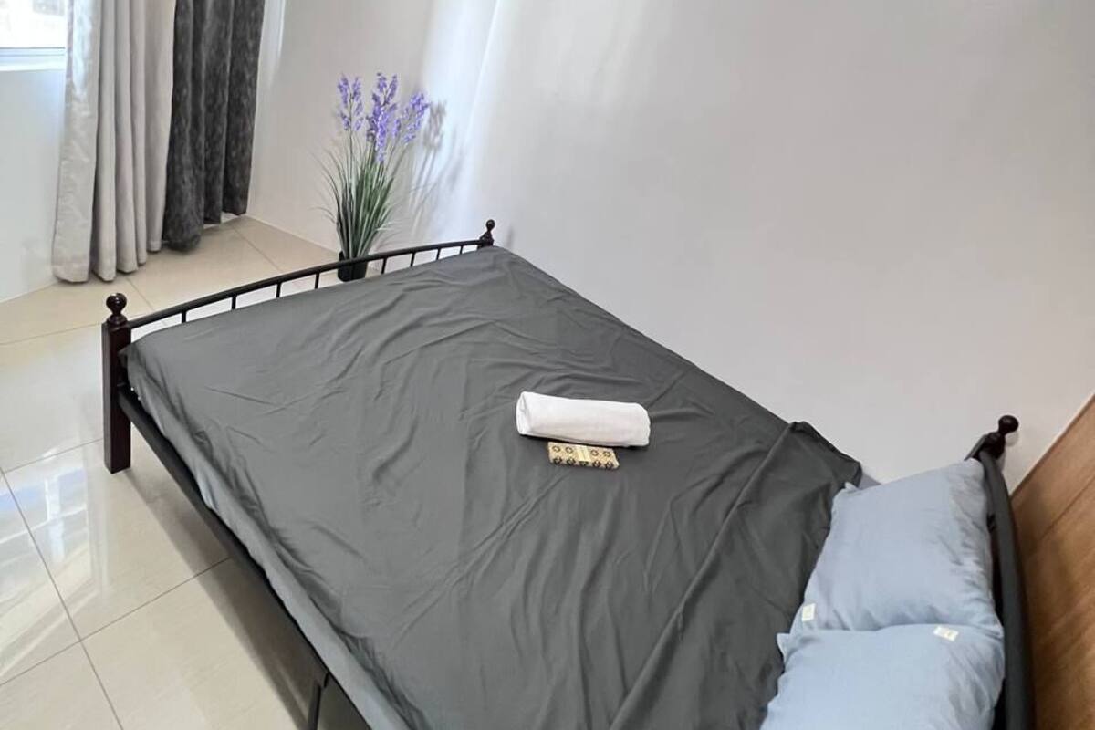 A neatly made bed with a grey mattress and a blue pillow, a small plant on the side, and a window with curtains.